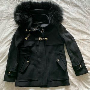 Zara coat, faux-fur lined hood & gold accents